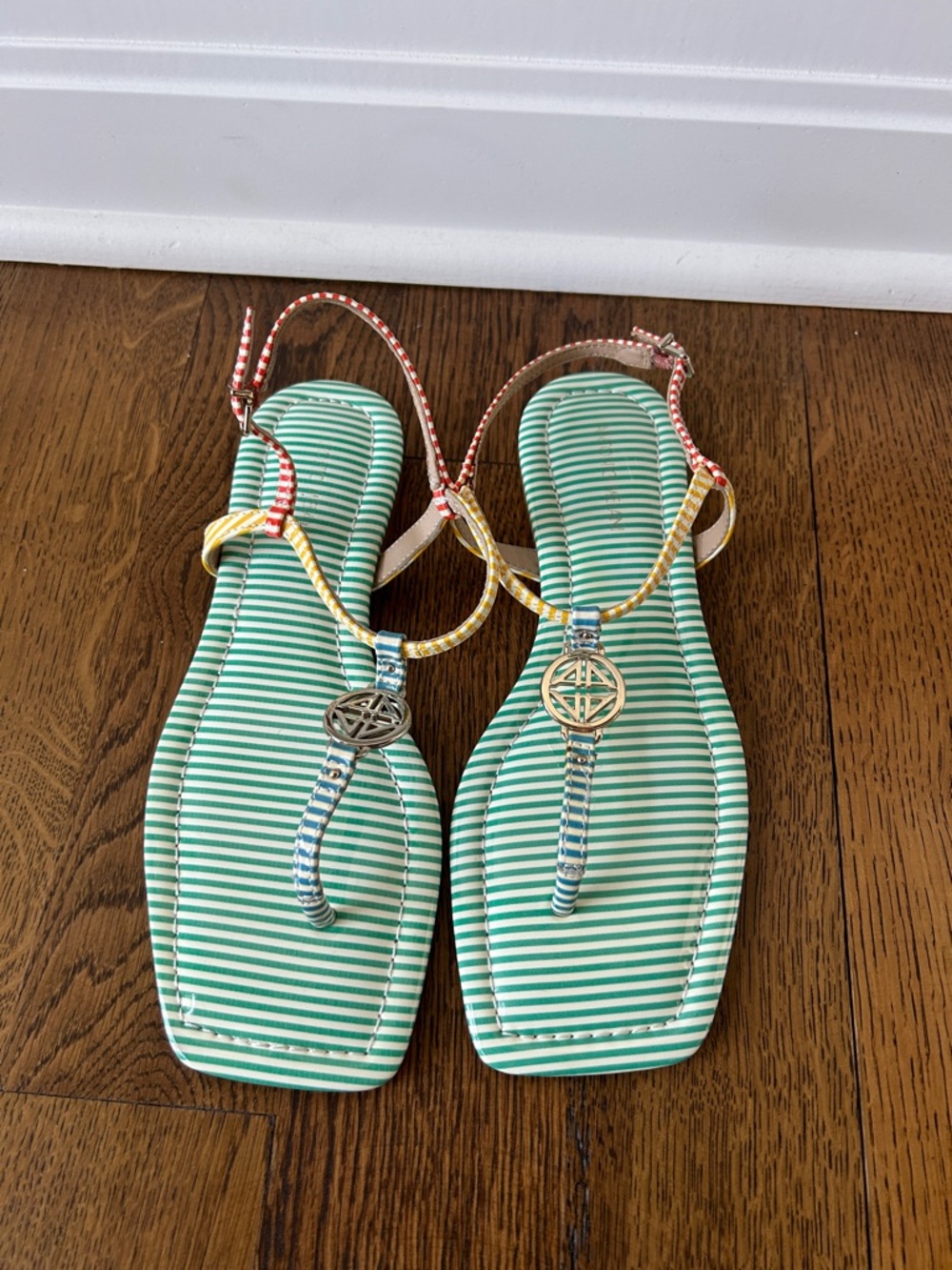 ANTONIO MELANI Mint Green Striped Multicolor Braided T-Strap Sandals